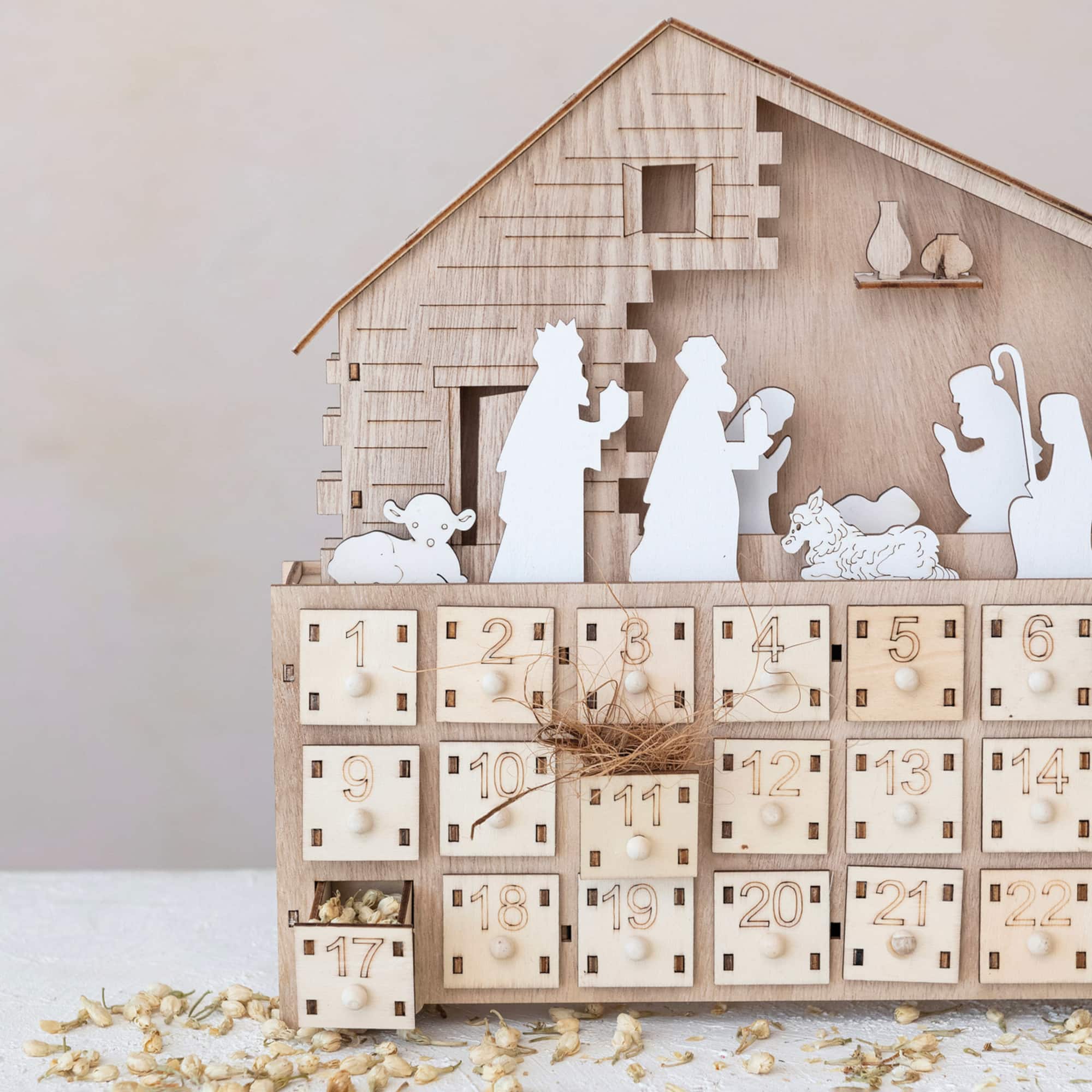 Hello Honey® 13.5" Wood Laser-Cut Nativity Advent Calendar with LED Light & Drawers